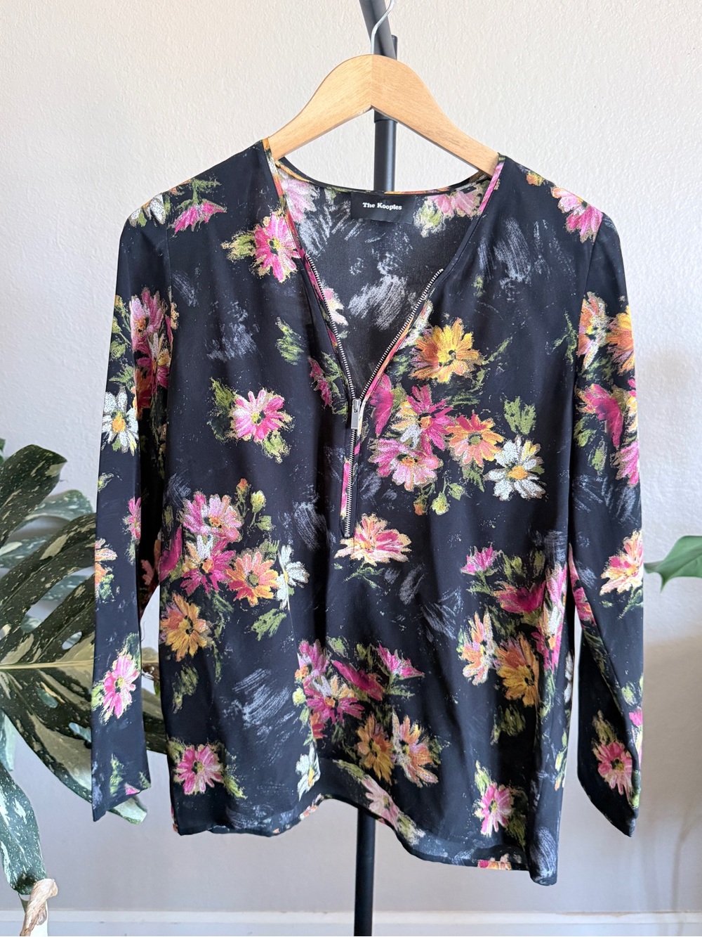 The Kooples Silk Floral Zip Neck Blouse Black Pink Yellow USA Size S